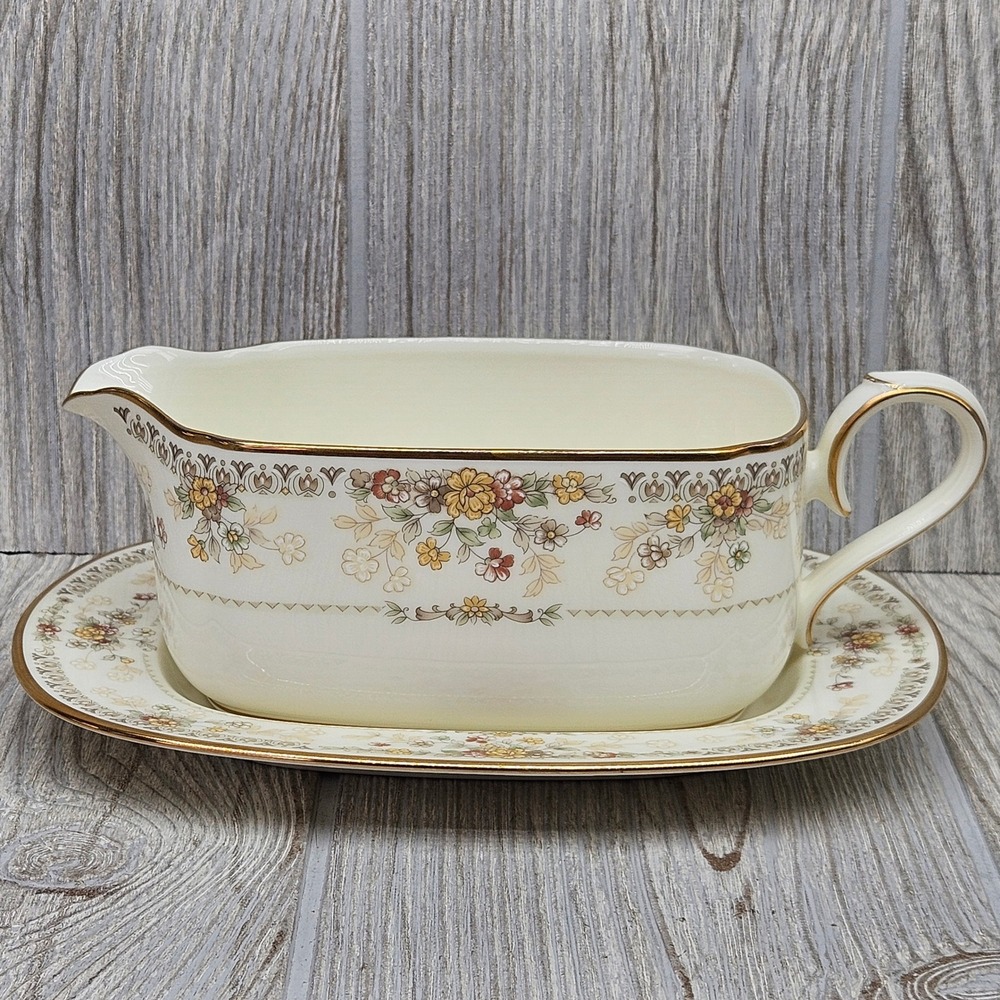 Noritake Salisbury 9723 Bone China Gravy Boat And Underplate Floral Gold